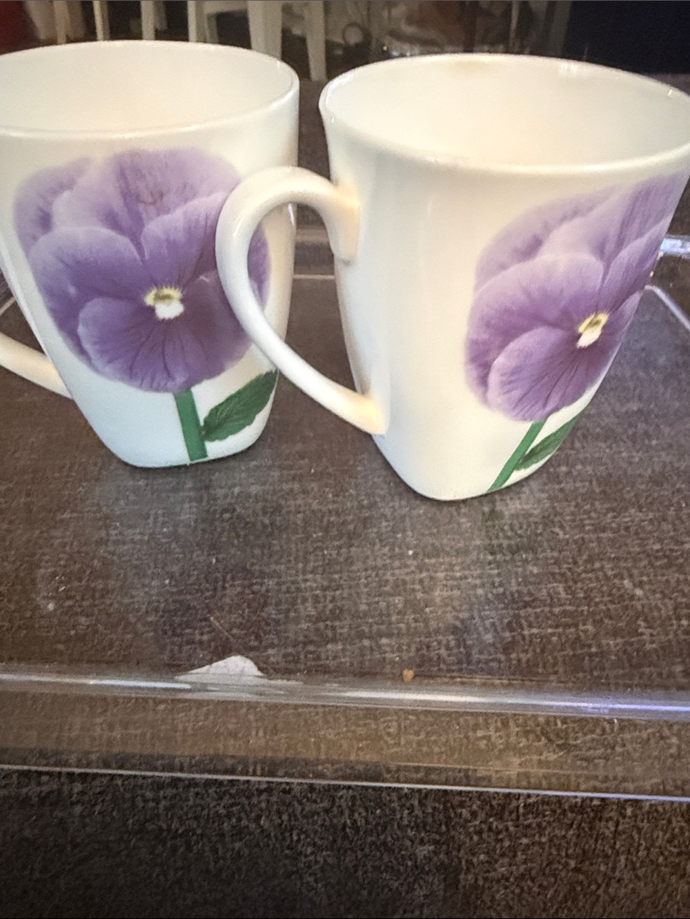 two vintage Seville Ceramics "Ruffles" purple pansy bone china mugs